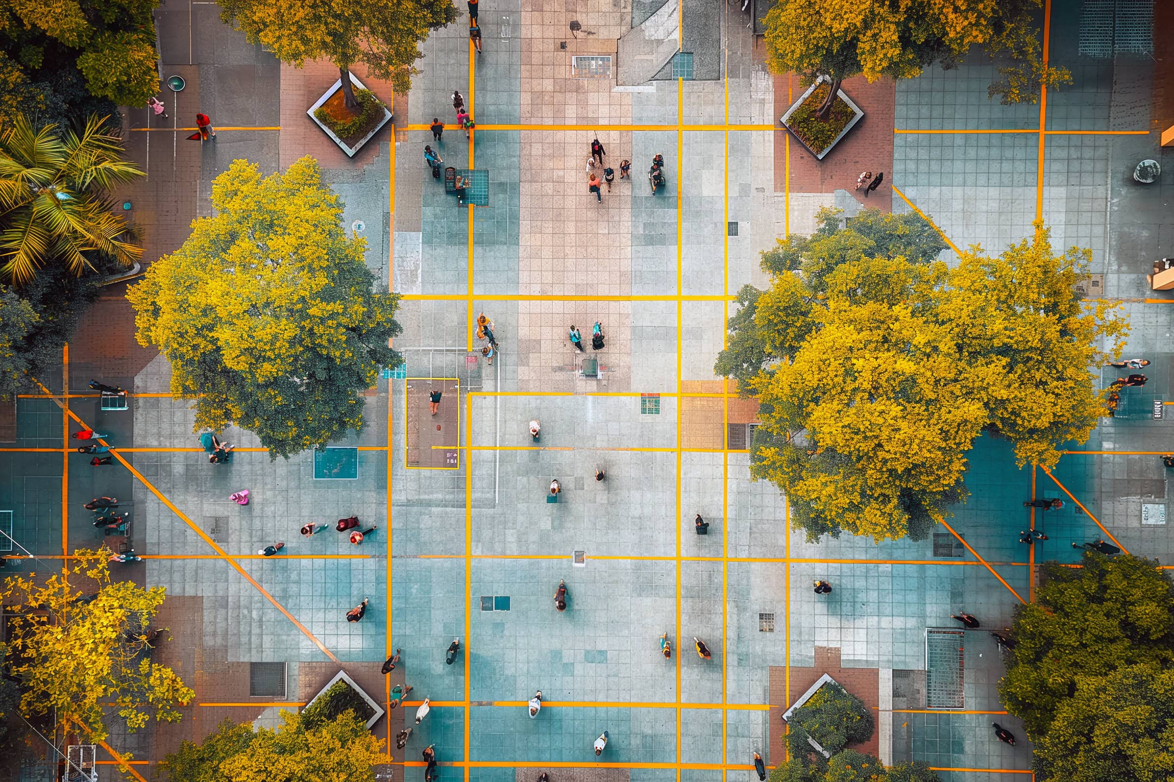 people-walking-around-city-square Aerial view of a city square with people walking around a tiled plaza with trees and planters