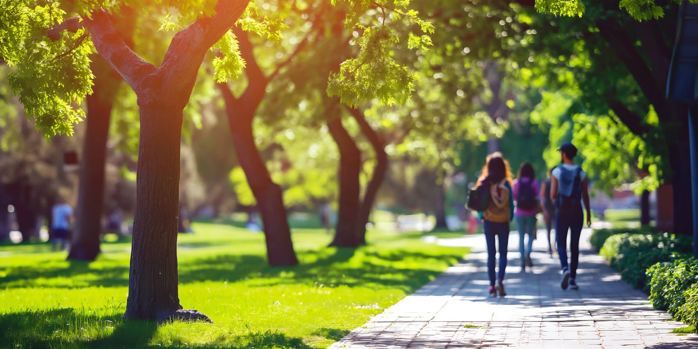 People walking along a paved path in a public park with green trees.