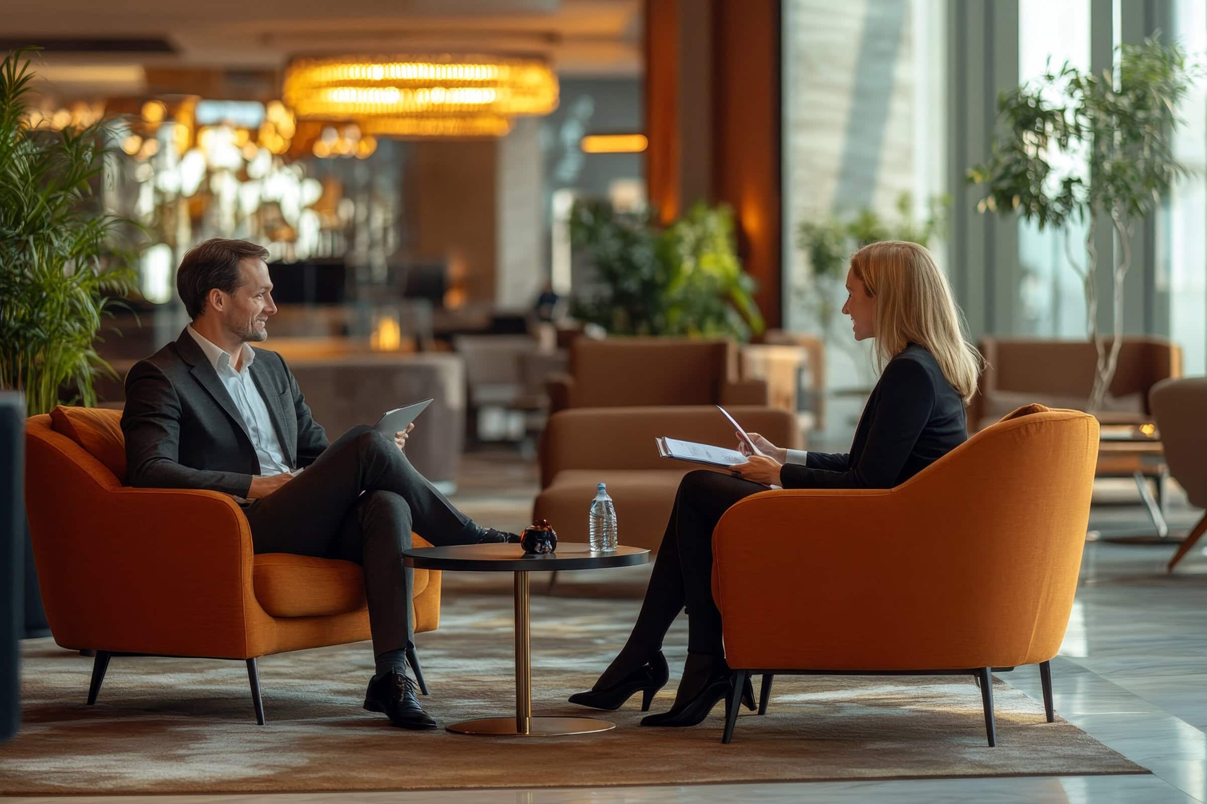 Two people meeting in a lobby seated in orange chairs.