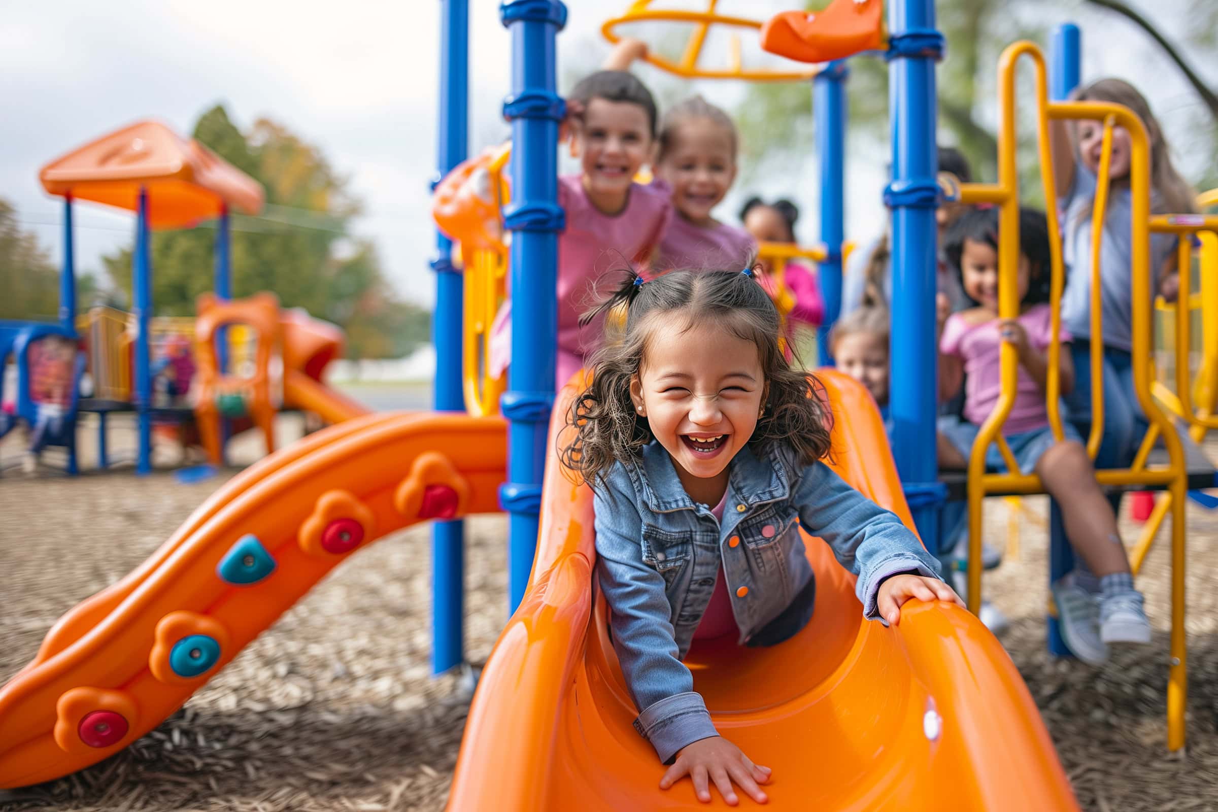 kids-laughing-in-a-playground a group of adorable preschool kids laughing and playing together.