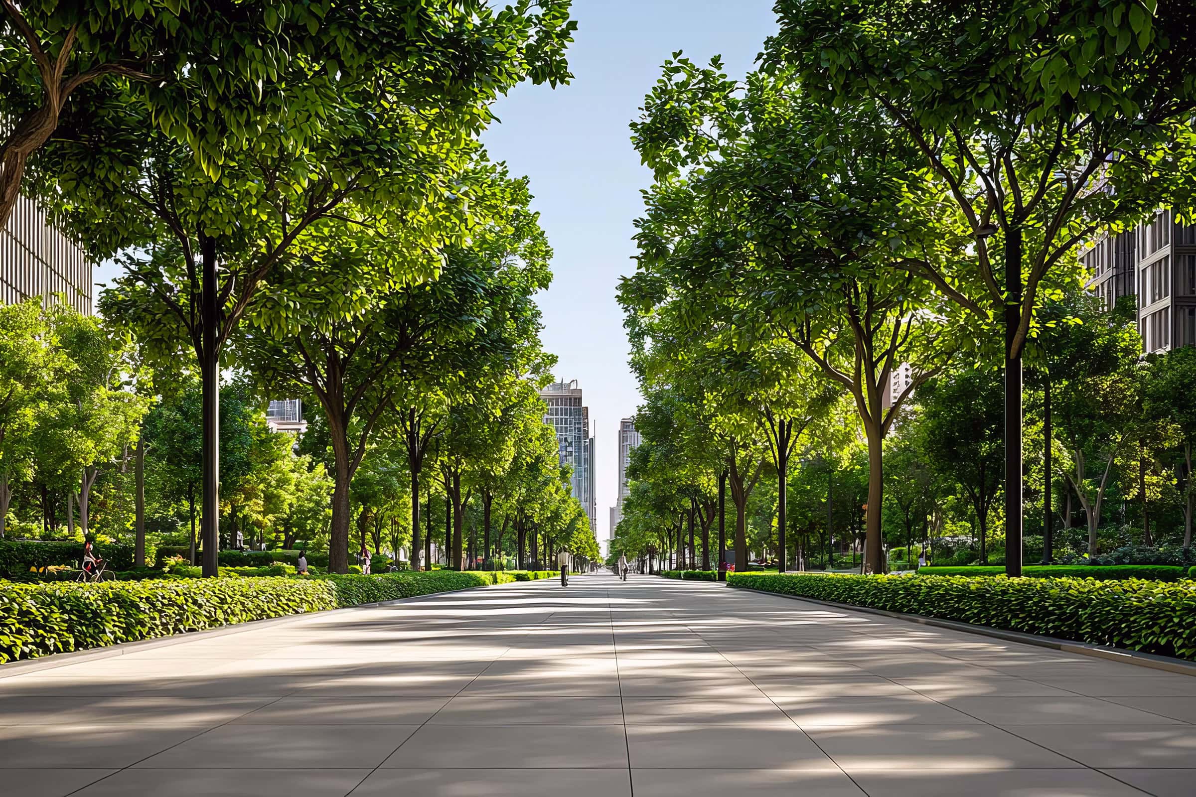 Pedestrian-streetscape Pedestrian-friendly streetscape, wide boulevards with bike lanes, sleek urban designs blending into vibrant green parks, afternoon sunlight casting warm shadows, perfect balance of urban design and natural beauty