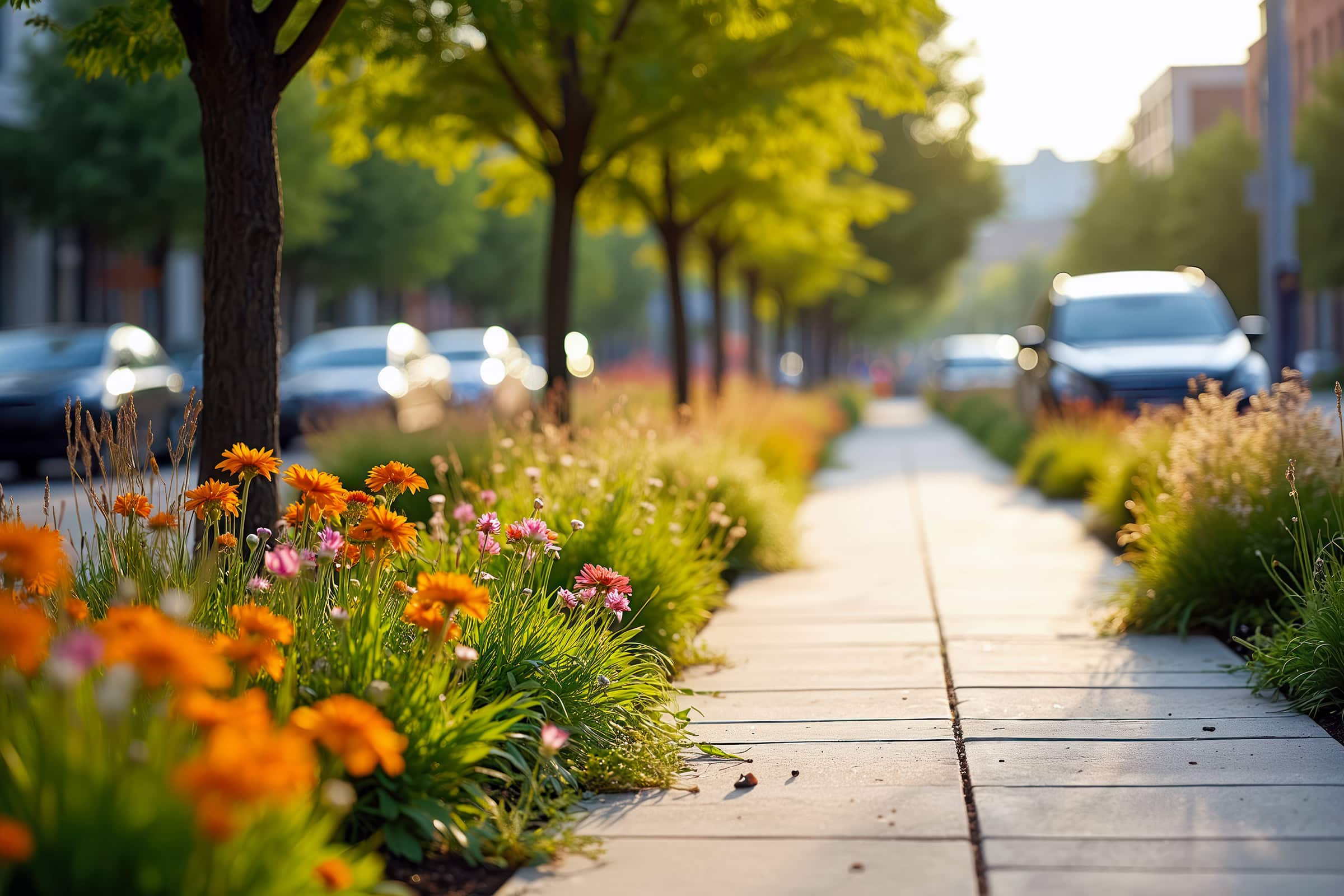rain-garden-along-sidewalk Urban streetscape features rain gardens along sidewalks, designed for stormwater runoff manage. Flowers and trees planted on streets of city, modern architecture, eco design of town urban plants.