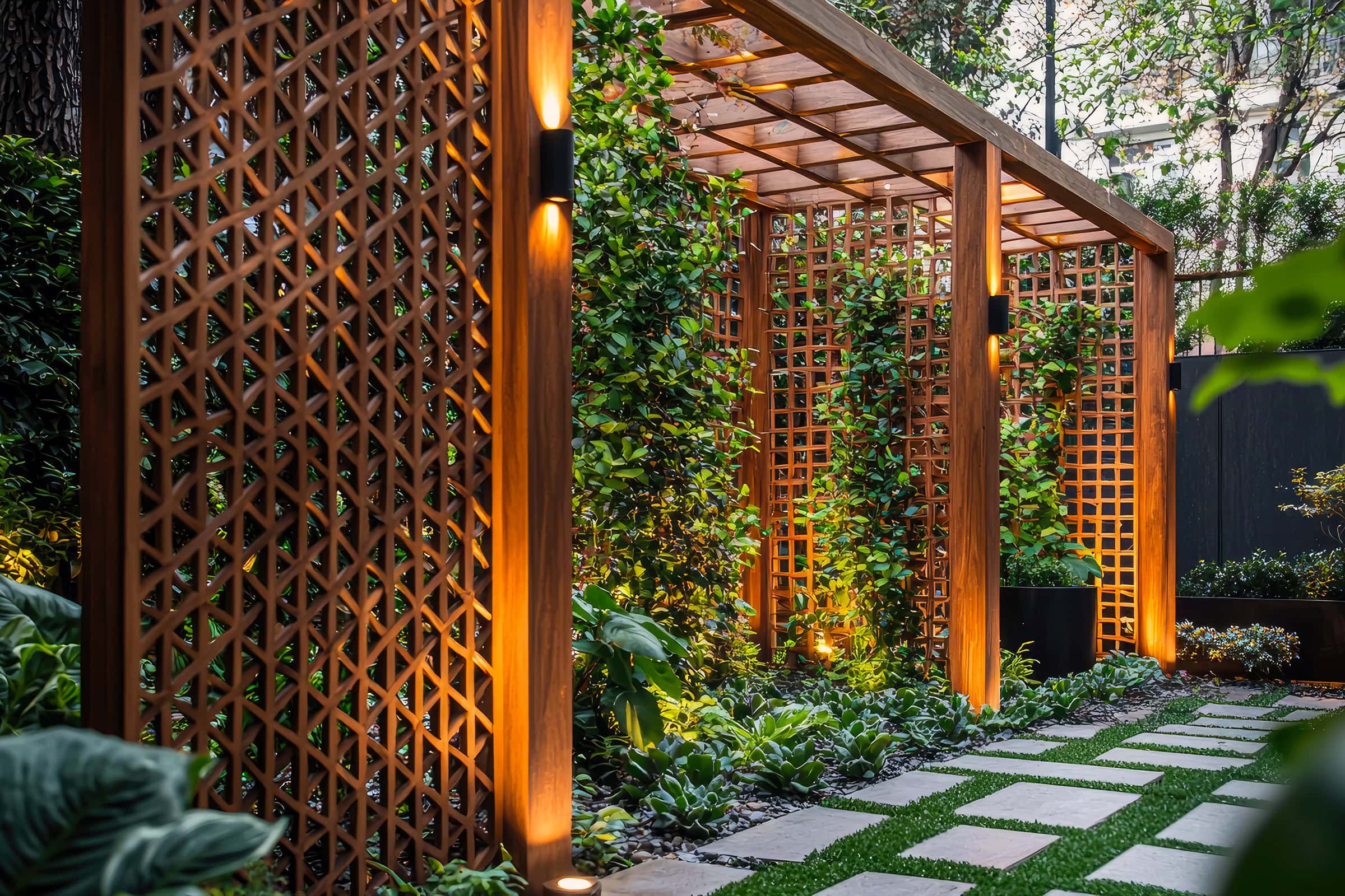 wooden-trellis Discover a stunning modern garden featuring a geometric wooden trellis with a lattice design, surrounded by lush greenery and vibrant plants, creating a serene outdoor retreat.