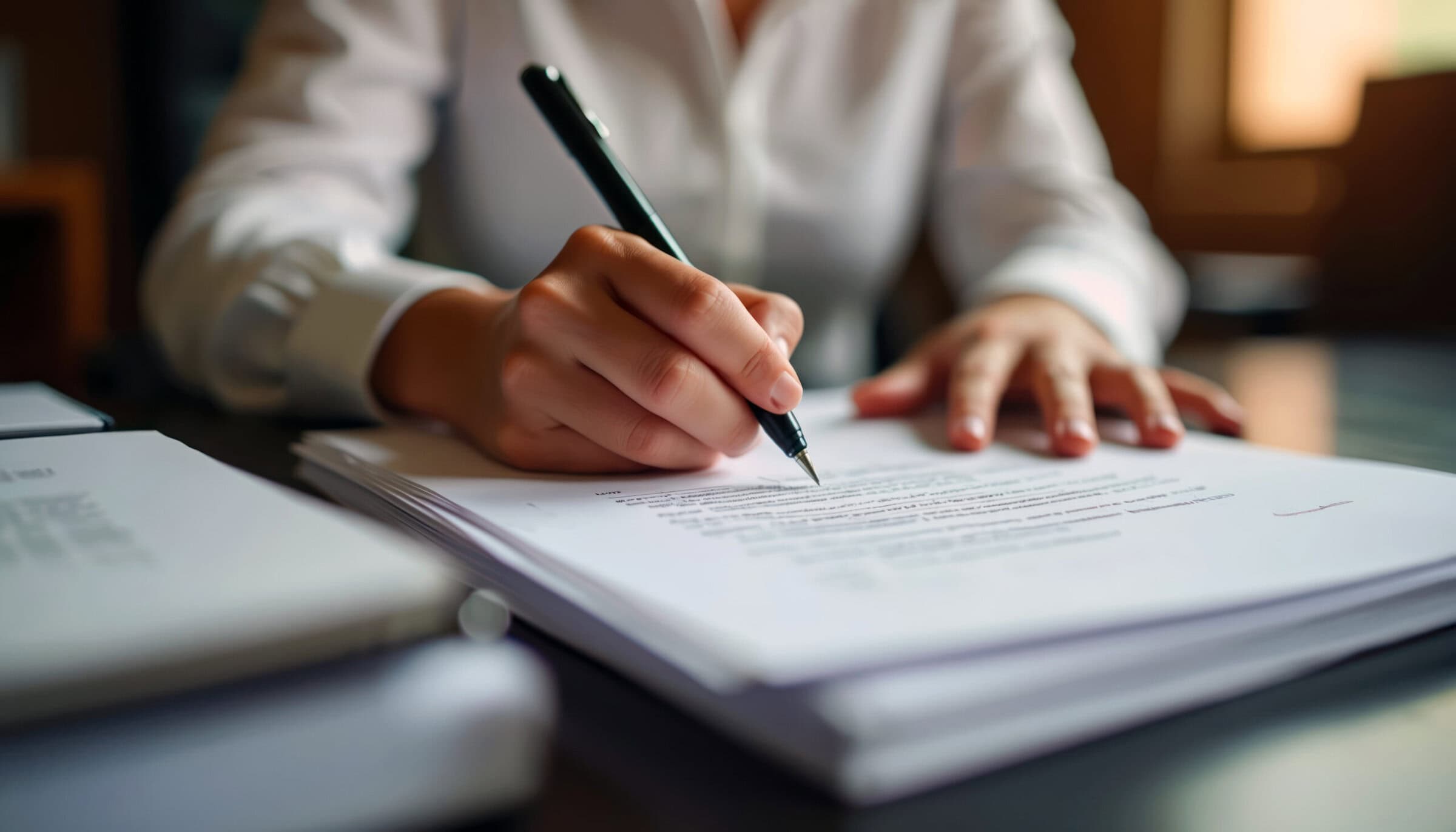 Woman signs legal papers with a pen on a desk.