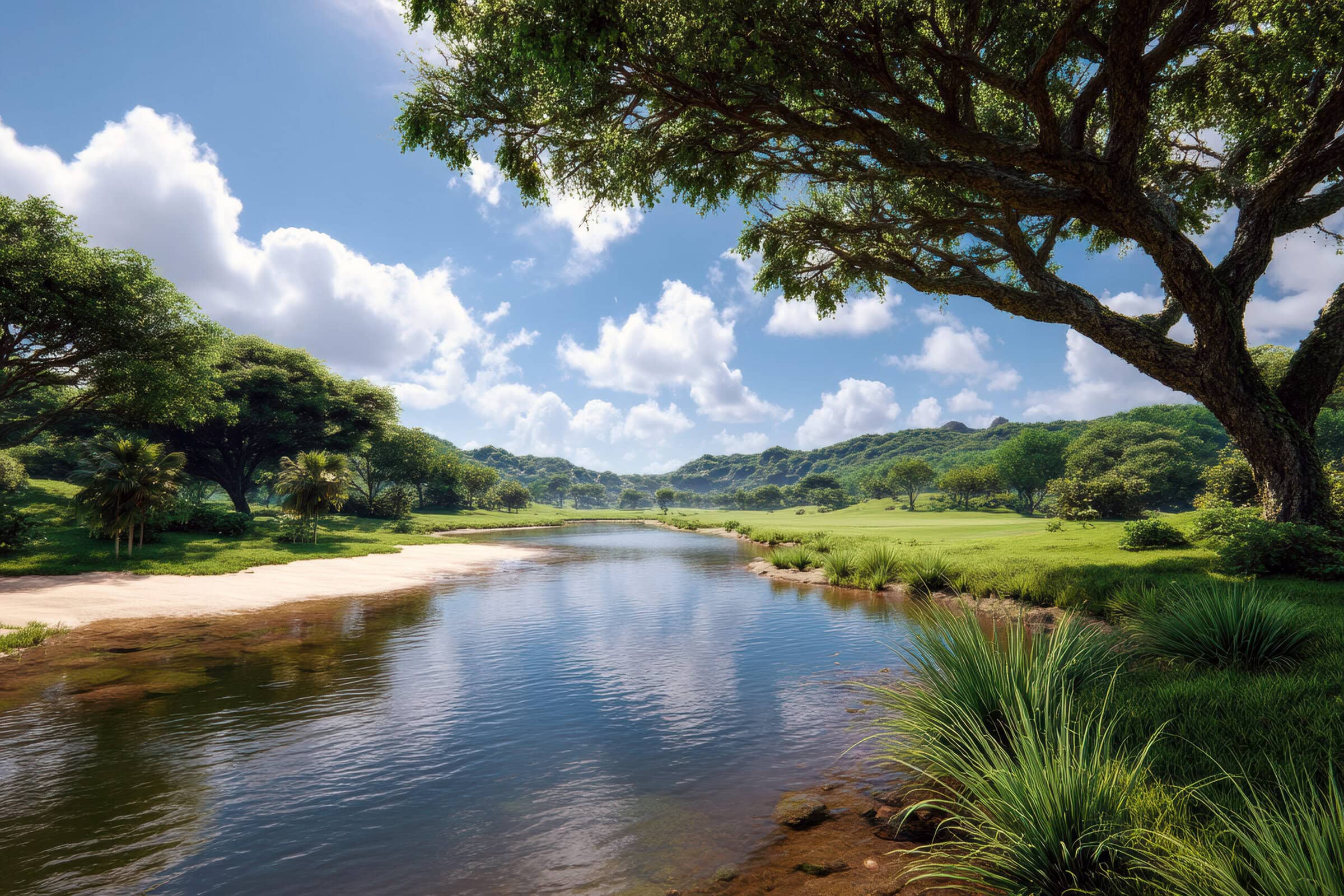 Innovative Sustainable Agriculture Solutions and Future Outlook This image beautifully captures the essence of sustainable agriculture, showcasing a serene river, a healthy tree, and lush grassy areas. It symbolizes the vital relationship between nature and innovative farming practices that promote safety, efficiency, and ecological balance.