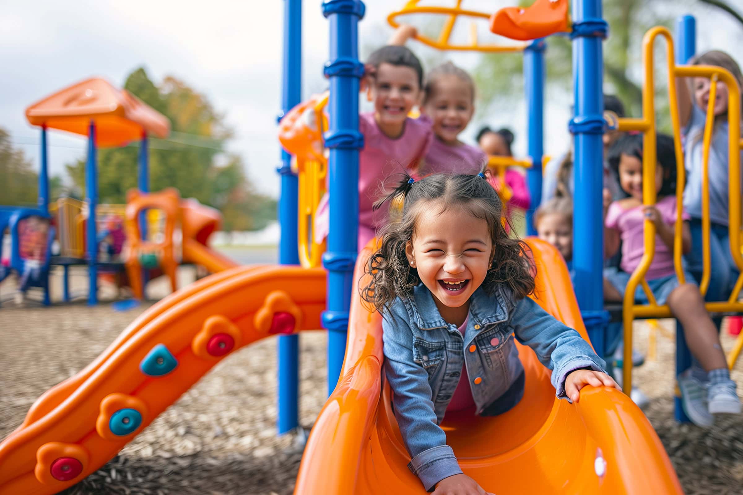 Preschool kids laughing and playing on a colorful outdoor playground.