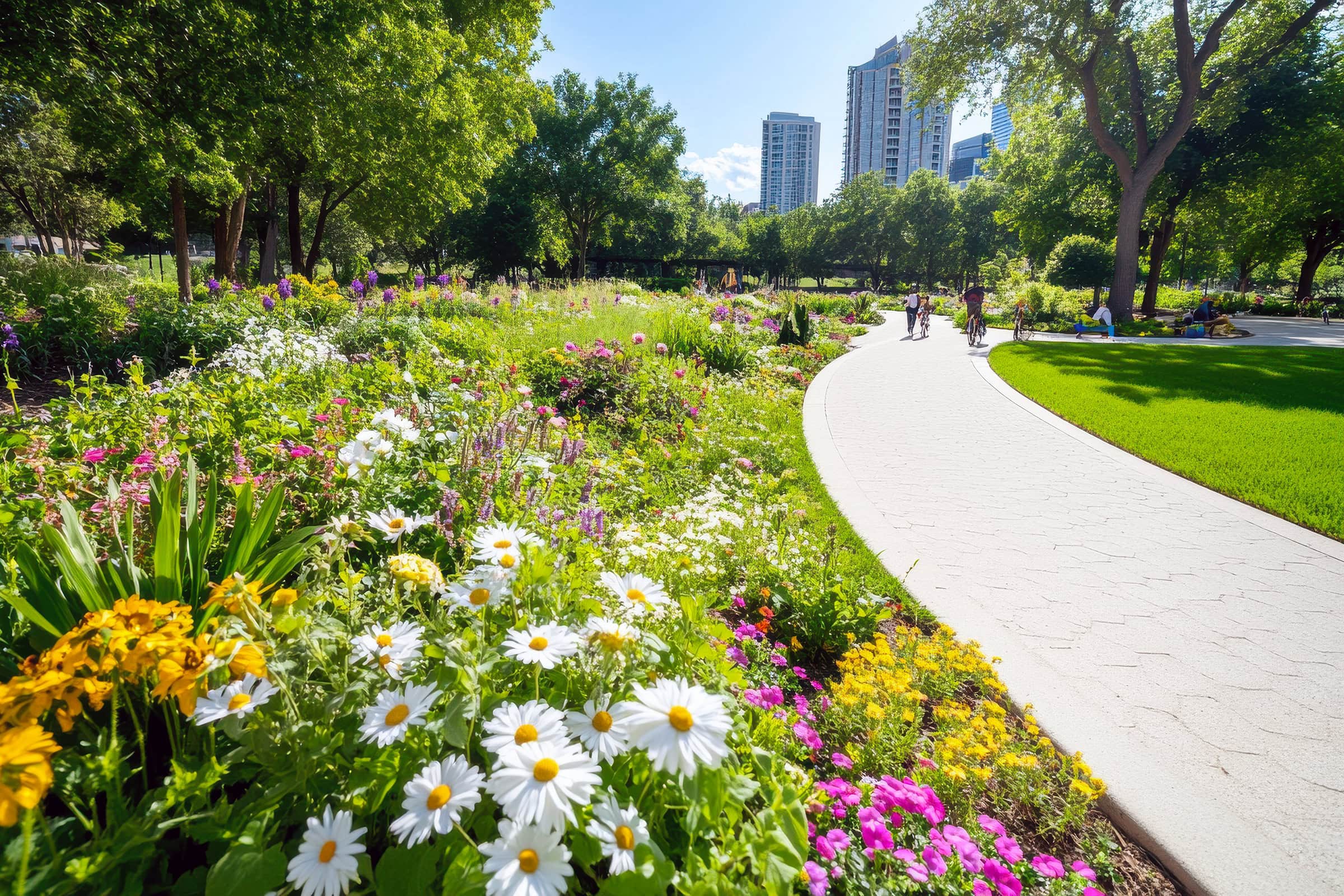 colorful-flowers-urban-path Lush greenery and colorful flowers decorate this urban park, offering a peaceful escape for visitors. People stroll along the pathway enjoying a sunny afternoon amid the blooms.