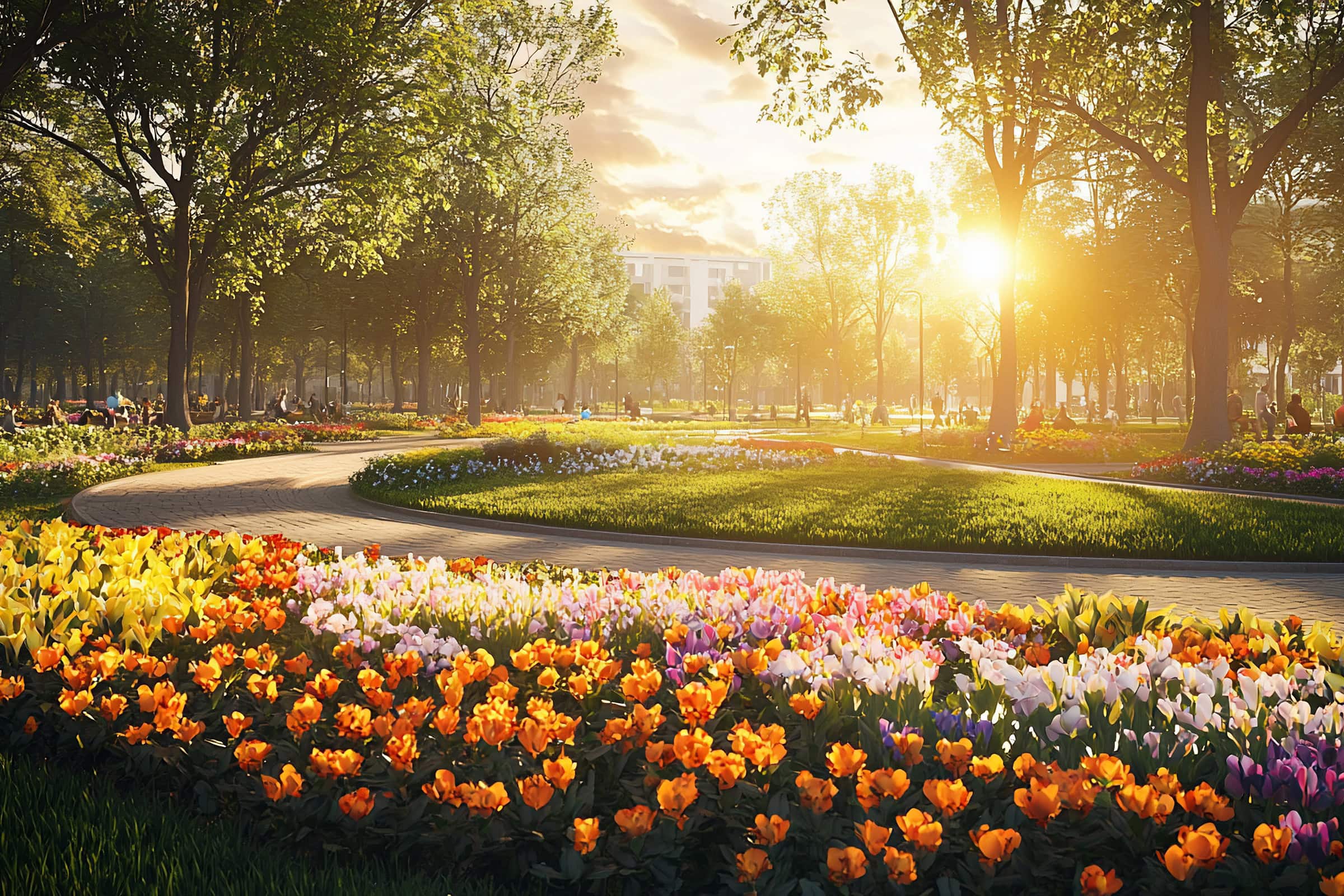 Sunlit park path winds through vibrant spring flowers.