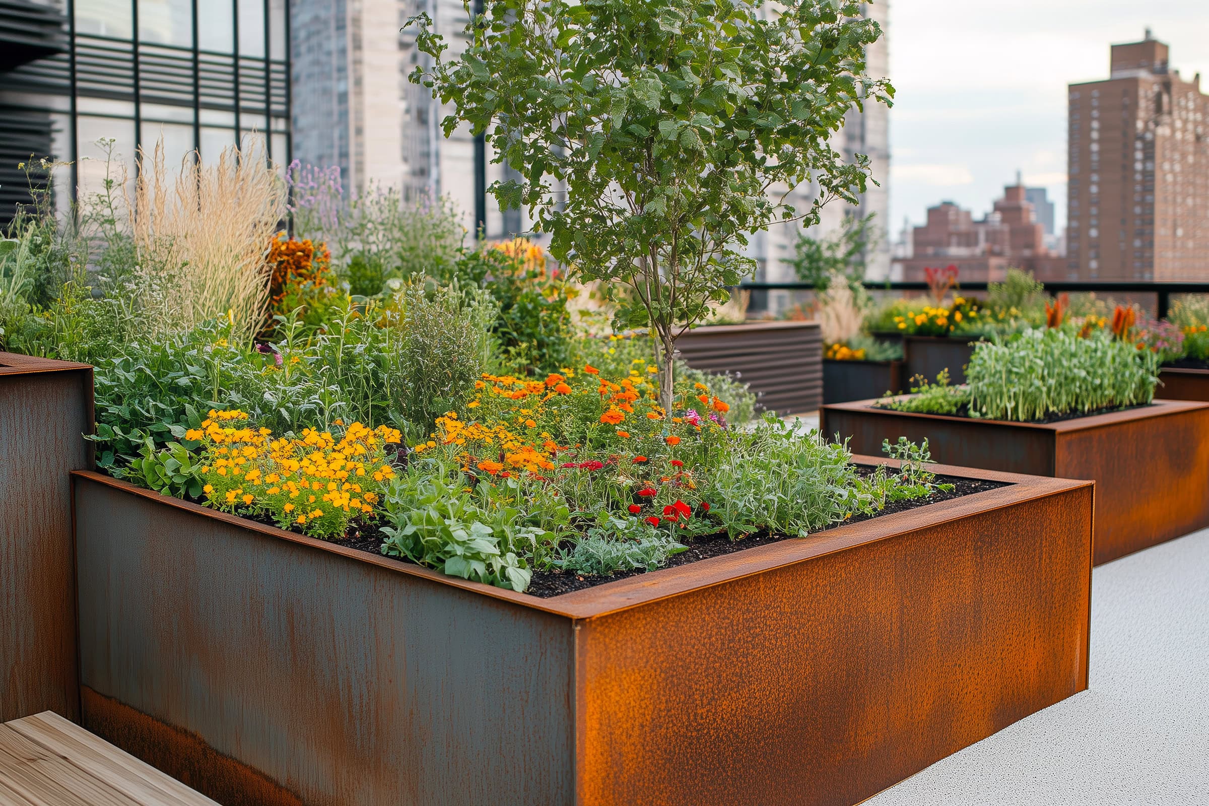 A lush rooftop garden showcases vibrant flowers and greenery in raised beds against a cityscape backdrop.
