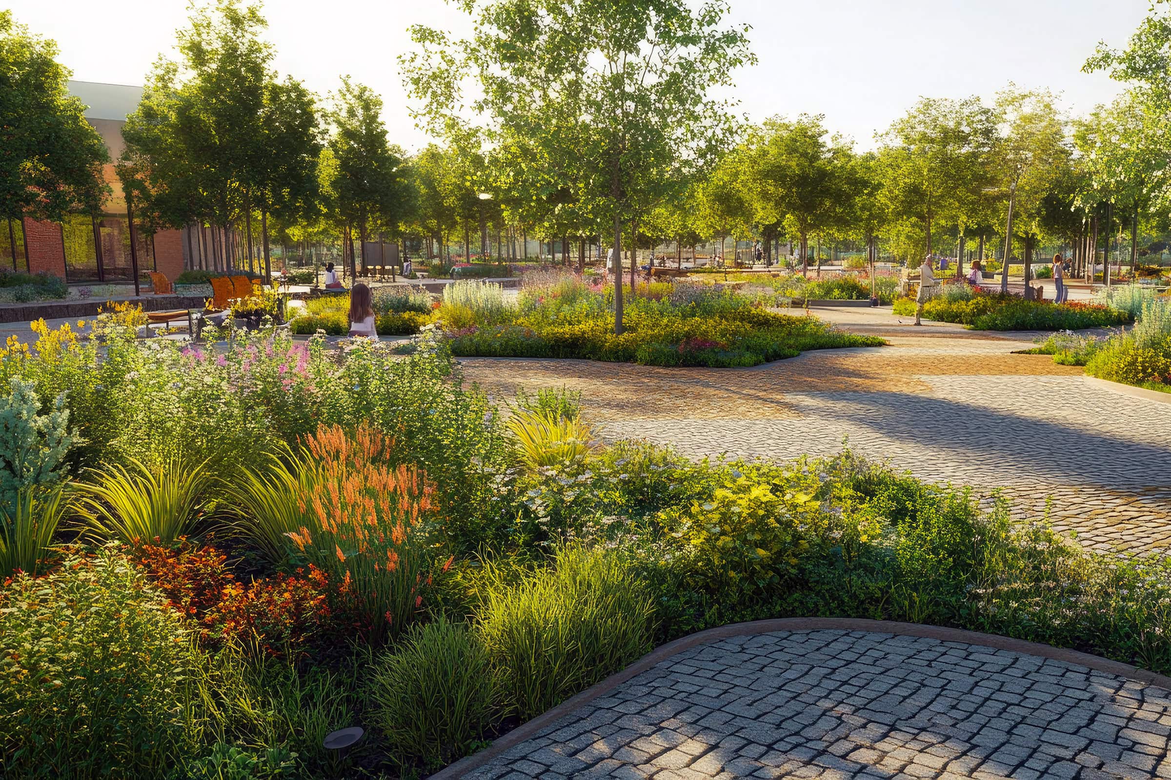 community-plaza A vibrant community plaza featuring permeable pavement materials, interspersed with greenery and native plants that thrive in the environment.