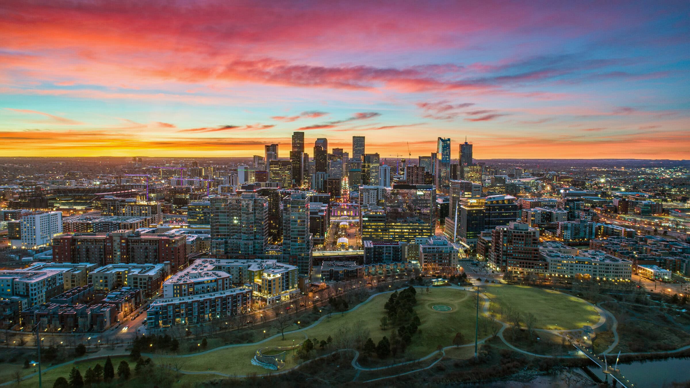 Downtown Denver, Colorado skyline at dusk