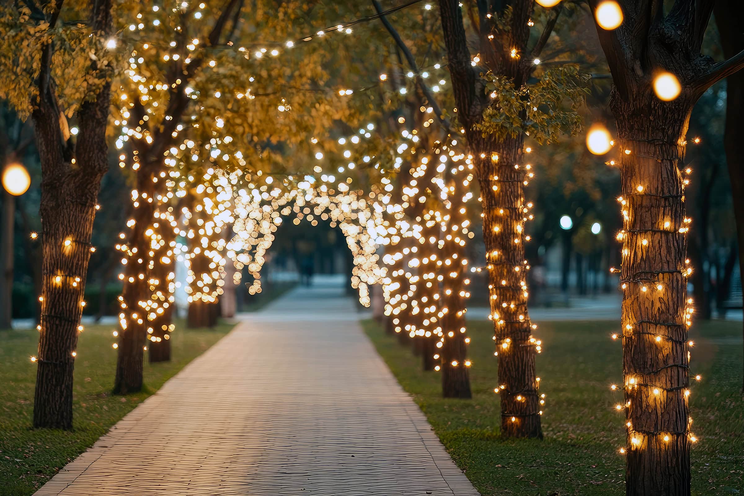 festive-illuminated-pathway Festive illuminated pathway in a public park showcasing holiday lighting creativity and seasonal charm in a serene outdoor setting.