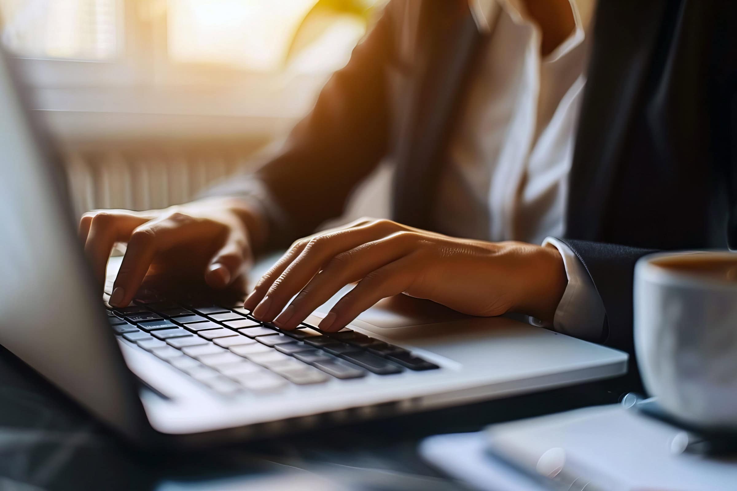 Woman typing on laptop with coffee mug nearby.