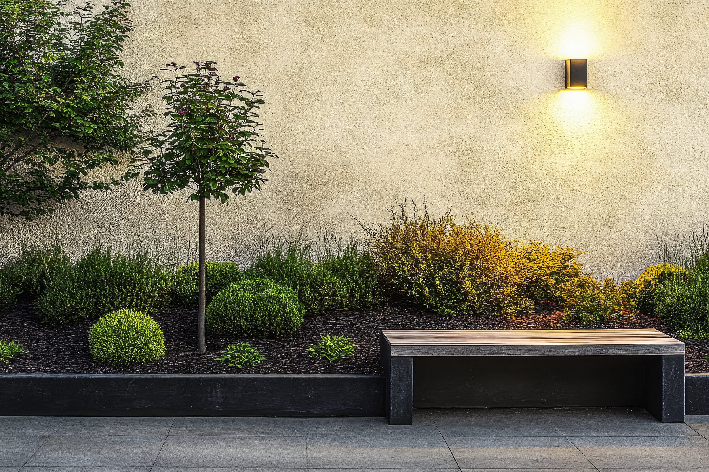 A modern garden features a sleek bench surrounded by neatly trimmed shrubs and trees, illuminated by warm lighting against a muted wall.