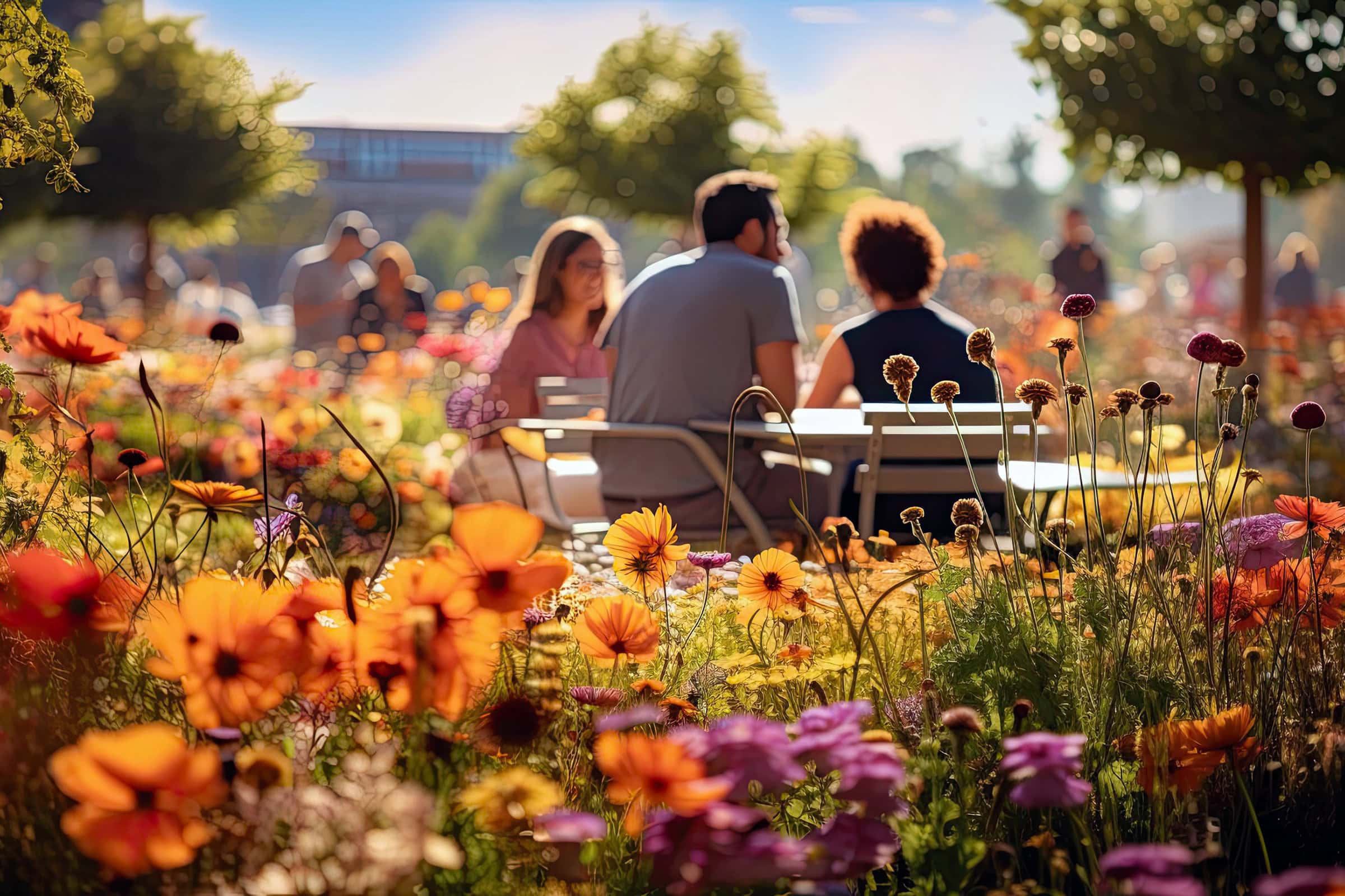 People enjoying a picnic or leisurely stroll in a modern city park.