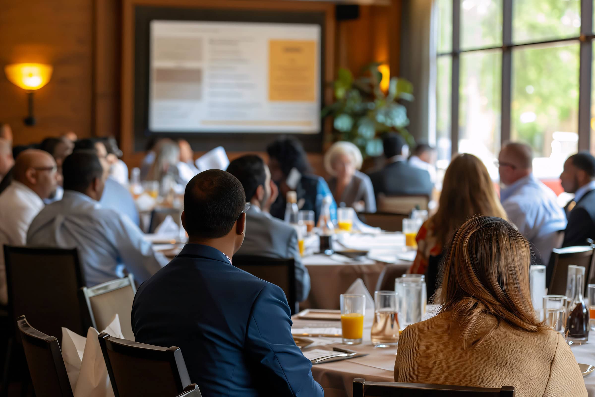 people-sitting-in-a-round-table Business people sitting at round tables, attending a presentation in a conference room.