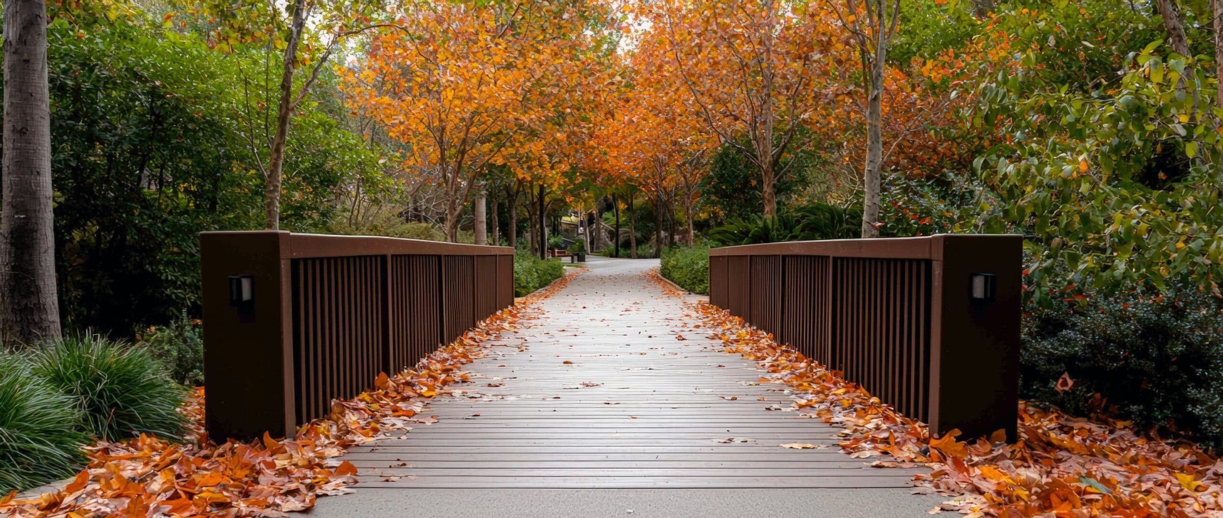 A peaceful autumn bridge lined with fallen leaves, surrounded by