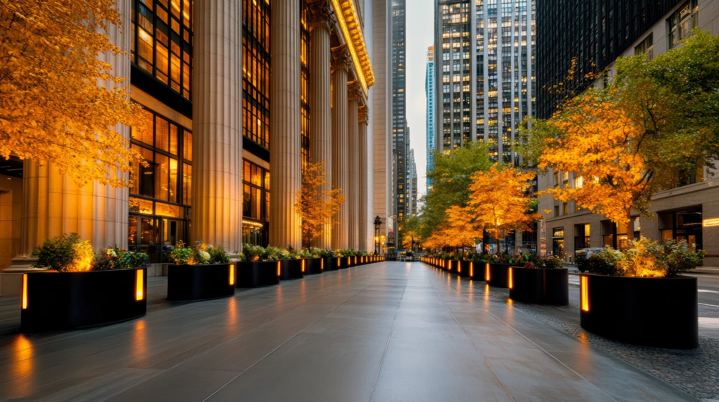 City pedestrian walkway at dusk