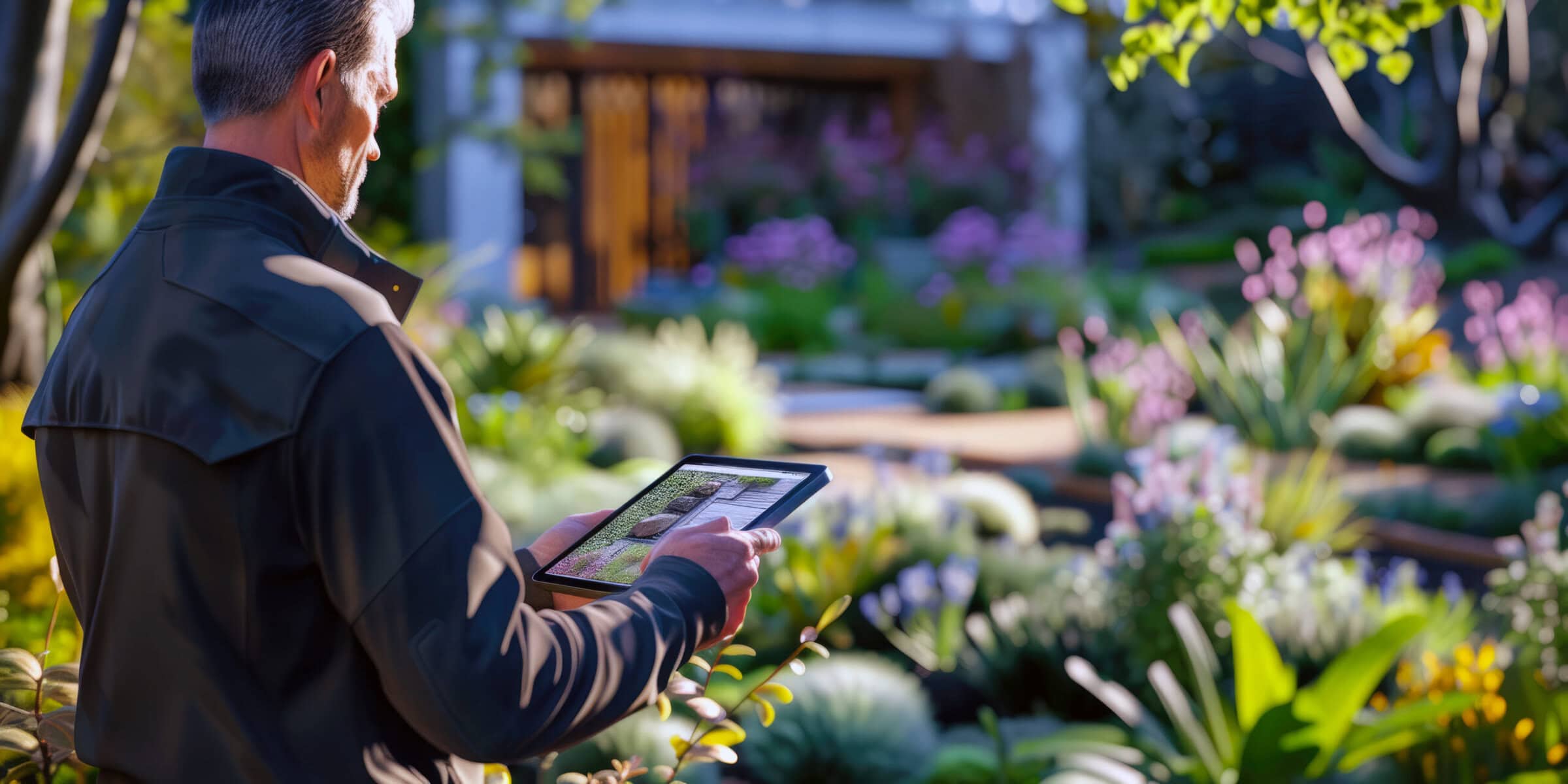 Landscape architect in the field reviewing work using a tablet