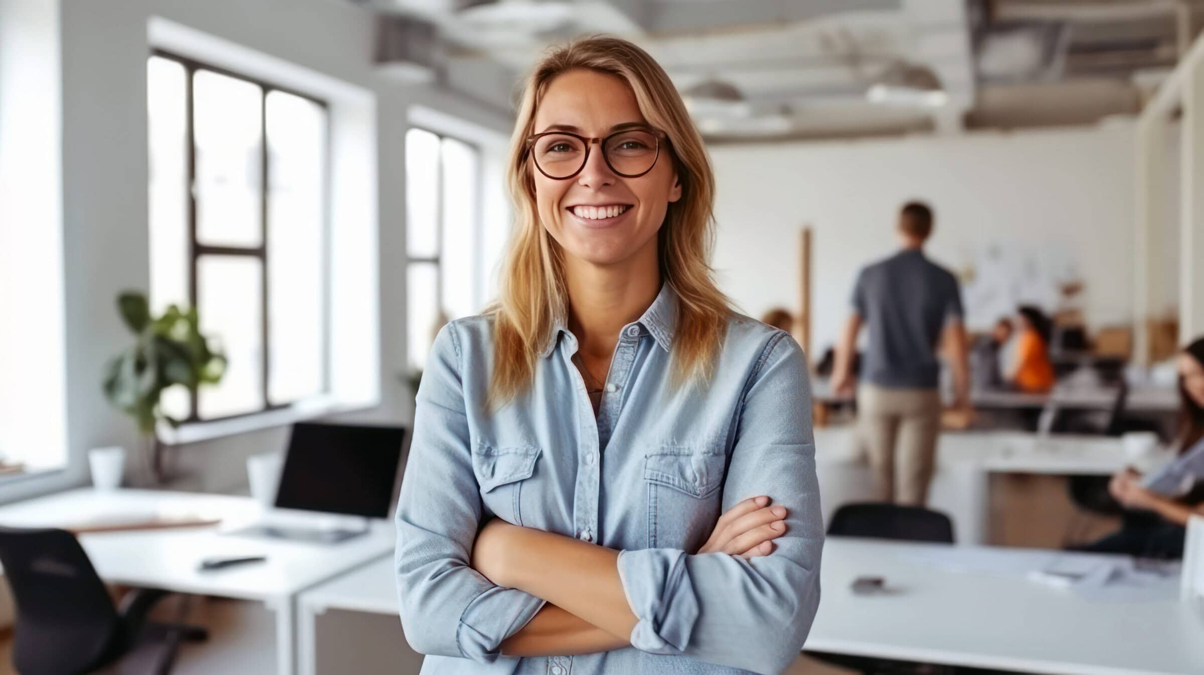 Smiling female landscape architect posing confidently in her office.