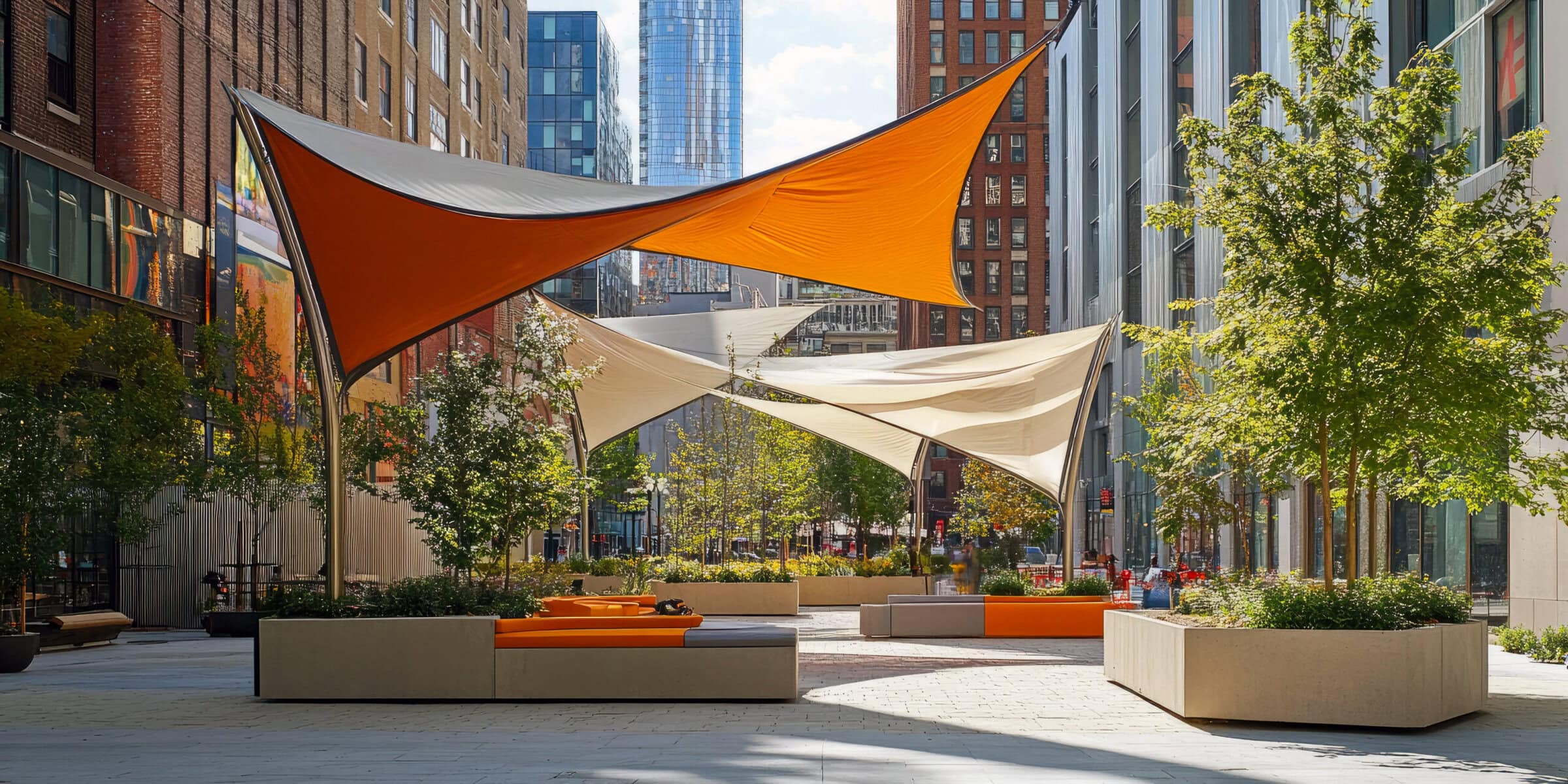 Urban oasis with orange shade sails and planters. Urban oasis with orange shade sails and planters.