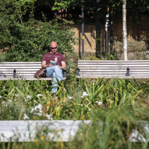 EMS, emau solo, park bench, design: David Karasek, Viktor Sasinka, United, Kingdom, UK, Manchester , Glade of Light Memorial, Victoria St