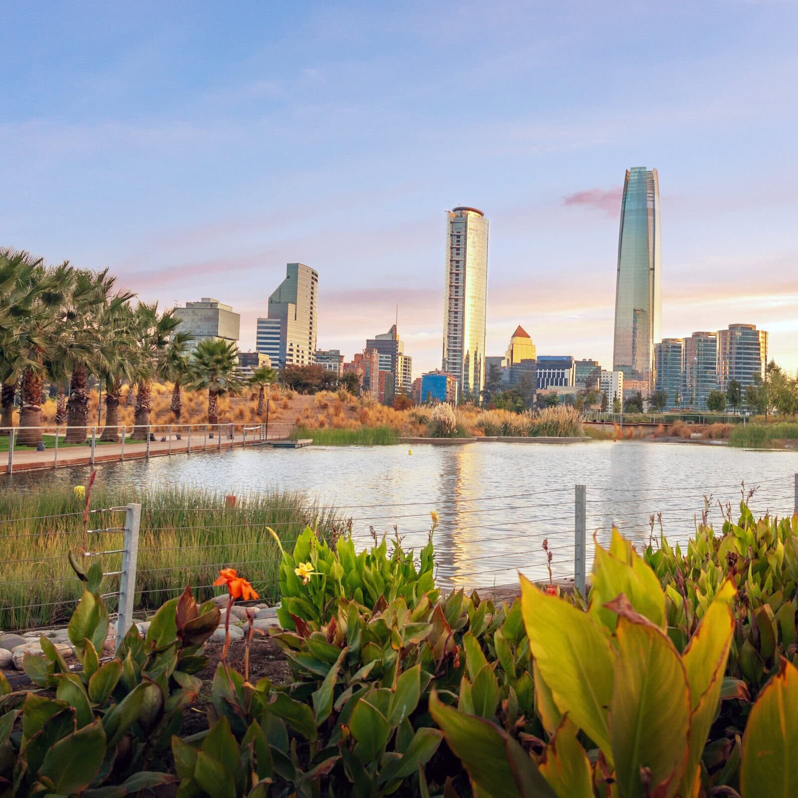 Santiago skyline at Bicentenario Park at sunset - Santiago, Chile