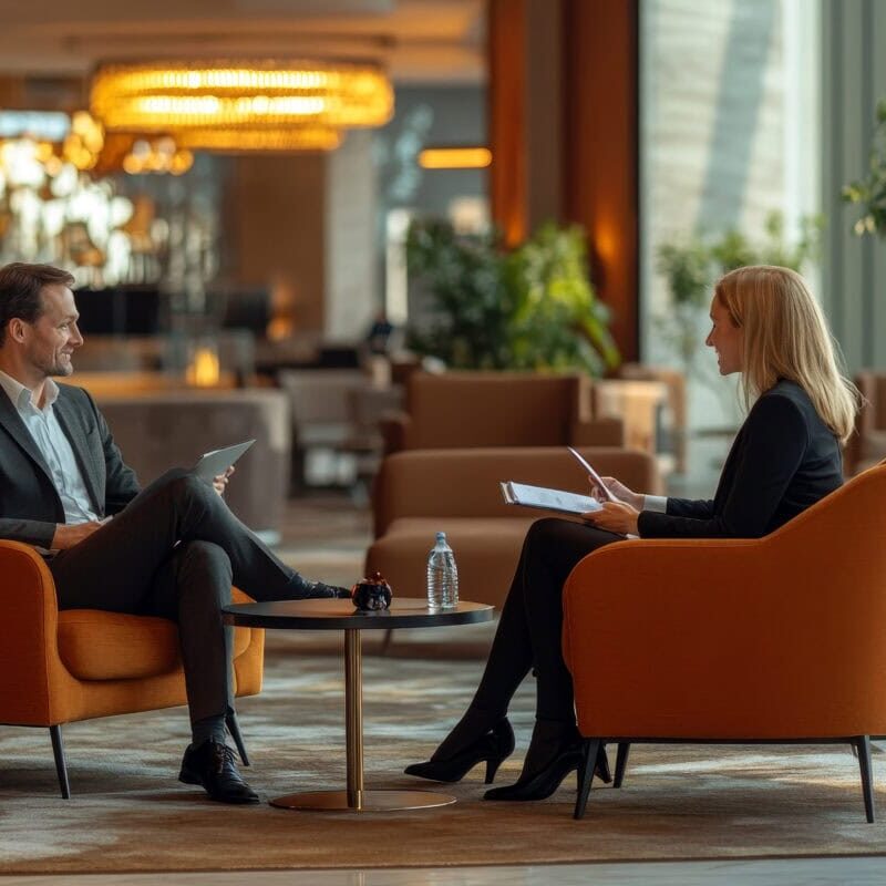 Two people meeting in a lobby seated in orange chairs.