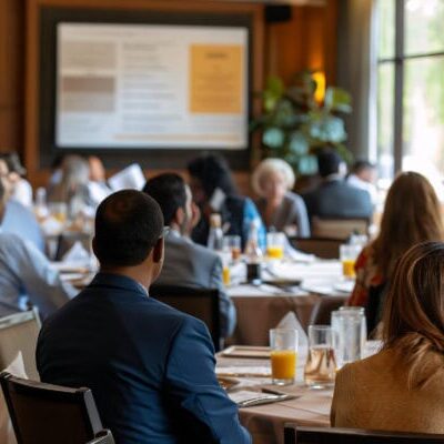Business people sitting at round tables, attending a presentation in a conference room.