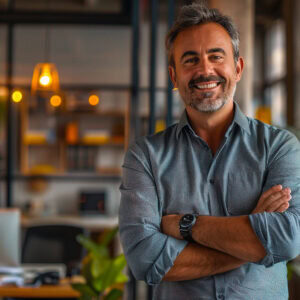 Portrait of a woman landscape architect in a serene botanical garden.