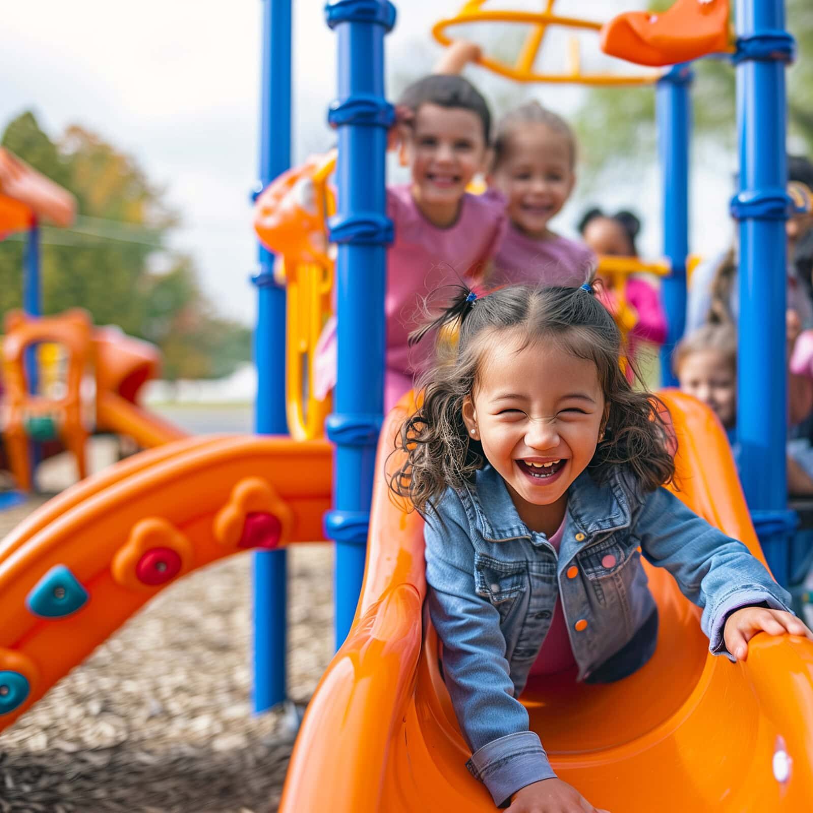 Preschool kids laughing and playing on a colorful outdoor playground.
