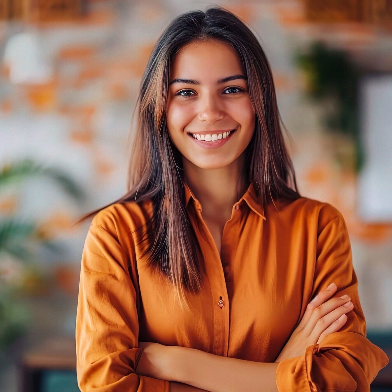 Envision a snapshot of positivity and creativity in a startup or creative company, where a businesswoman, also a talented designer, stands with crossed arms and a joyful expression. As a happy employee, she thrives in the dynamic environment, contributing her ideas and skills to drive innovation. The image is enhanced with various colors, reflecting the vibrancy and diversity of the workplace, along with ample copy space, High quality, + --ar 16:9 --stylize 250 Job ID: bdcce8ba-5c21-4d25-933e-af0e7255eea0